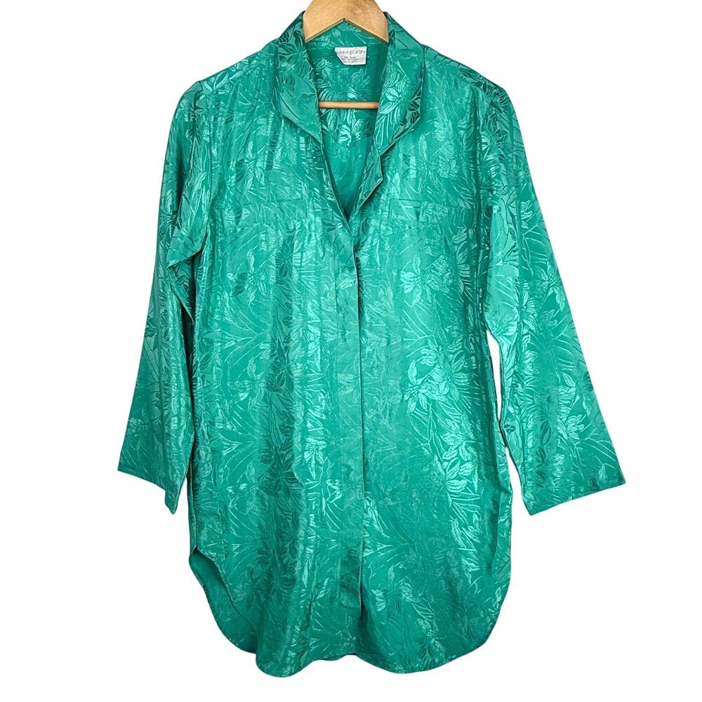 Vintage Contemporary Green Satin Jacquard Long Sleeve Sleep Shirt Dress XS 4/6